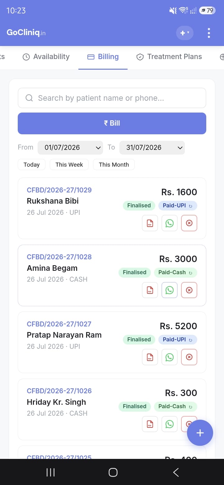 GoCliniq billing screen