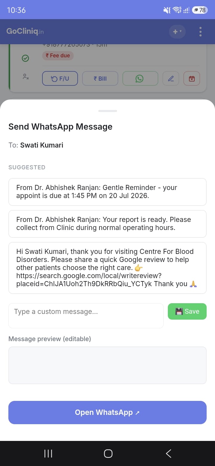 GoCliniq WhatsApp message screen